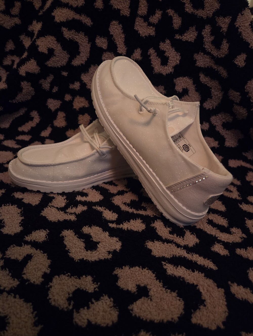 Women's Hey Dude White Crystal Glitter Bridal Shoes Size 8